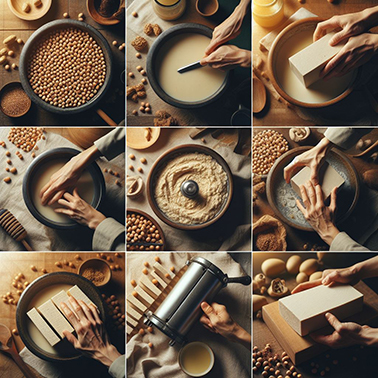 collage de unas manos haciendo tofu